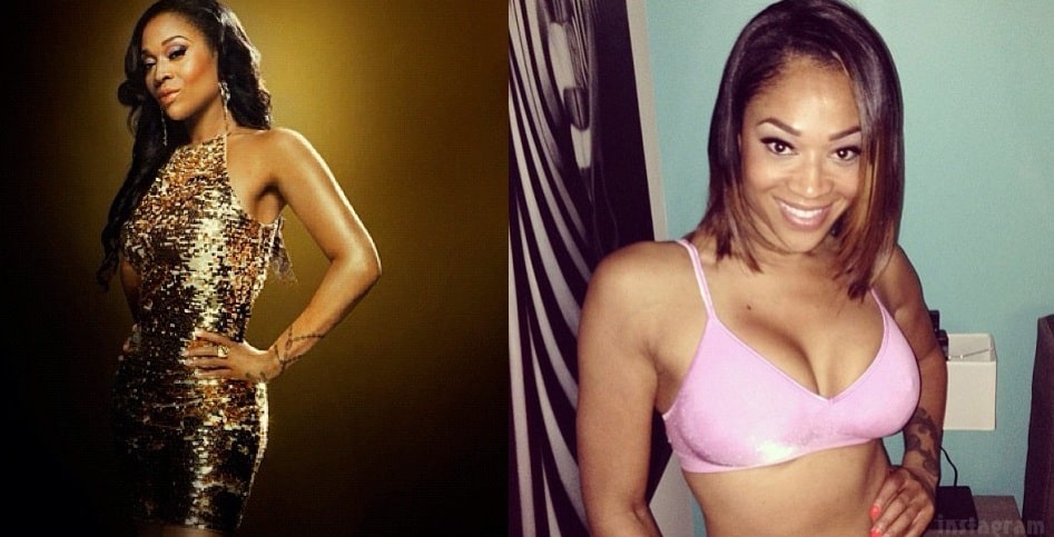 A picture of Mimi Faust before (left) and after (right) breast implants.